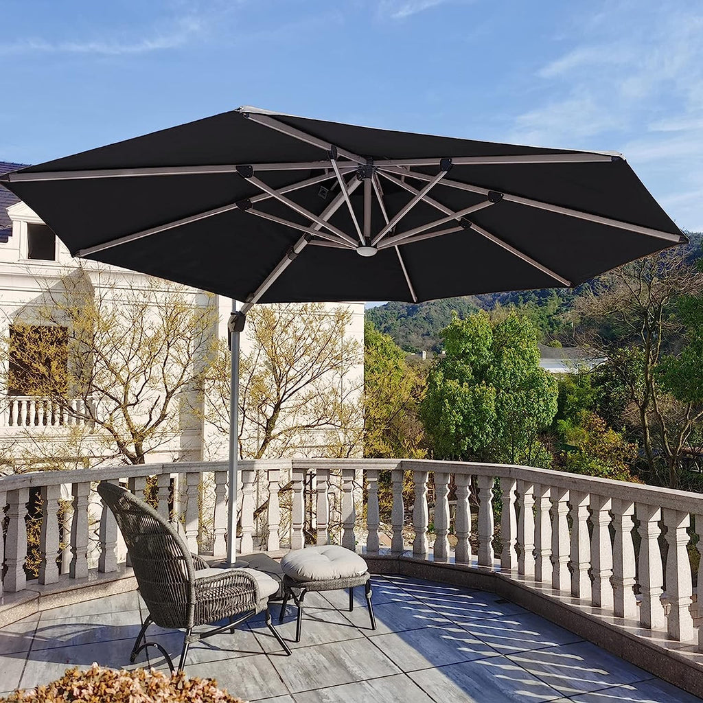 12ft Solar LED Patio Umbrella Outdoor Round Umbrella Large Cantilever Umbrella with LED Lights Windproof Bias Umbrella Heavy Duty Parasol for Garden Deck Pool Patio